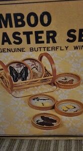Vintage Bamboo Coaster Set w/holder In Original Box